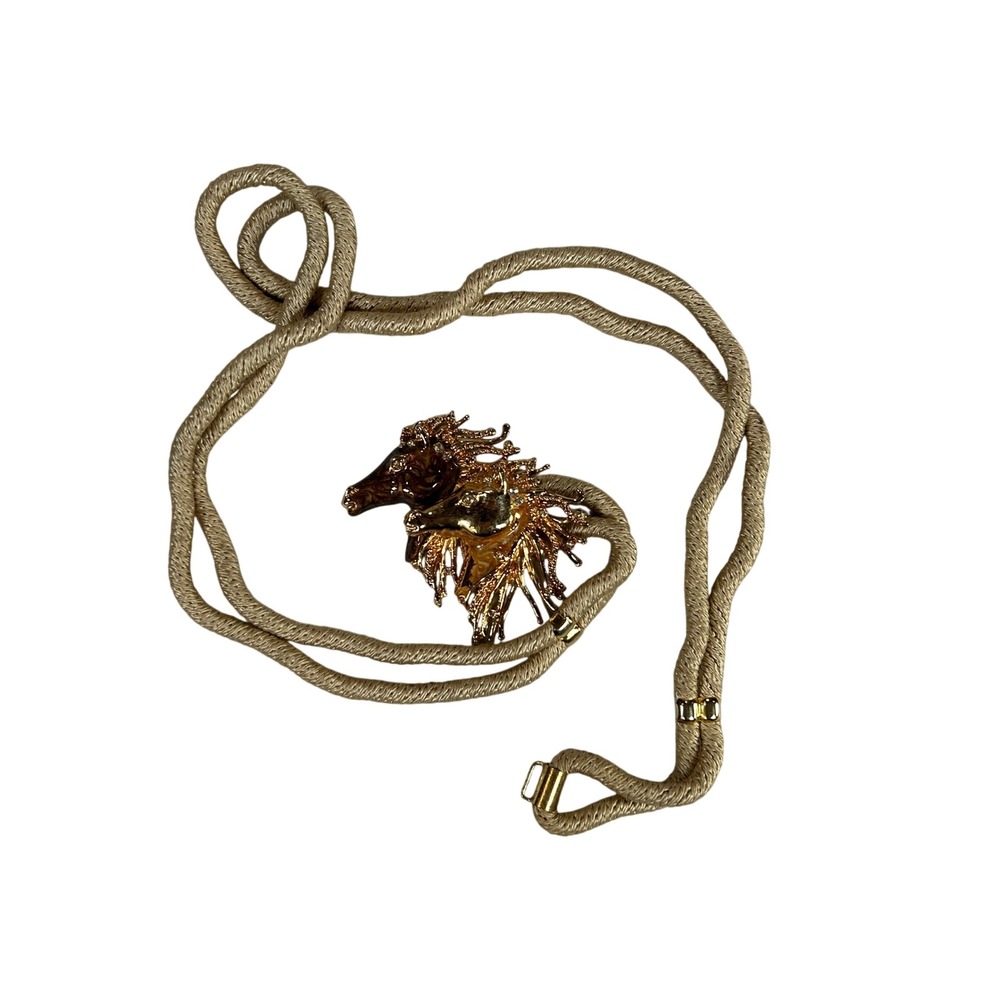 Vintage 80s 90s Double Horse Head Bolo Tie Rope Belt Gold Tone Enamel Rhinestone